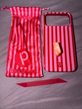 NEW iPhone 17 pro max red and pink striped loopy case with drawstring pouch